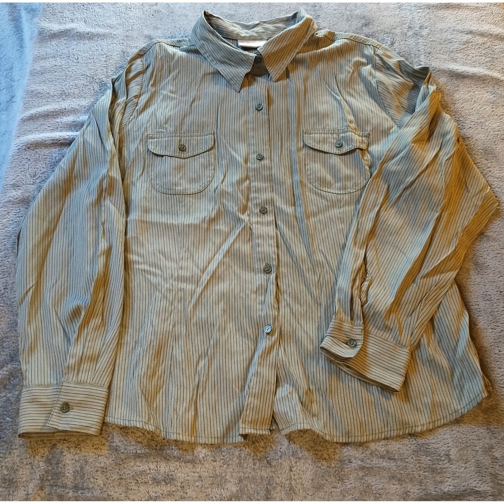 Croft & Barrow Womens XL Olive Green Striped Button Shirt Long Sleeve Pocket